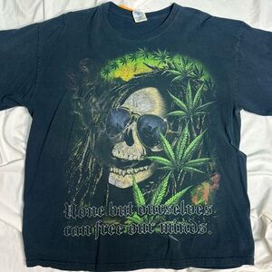 Y2K rare high Rasta Skull Weed Tee Double-Sided Reggae Graphic Bob Marley Vibes